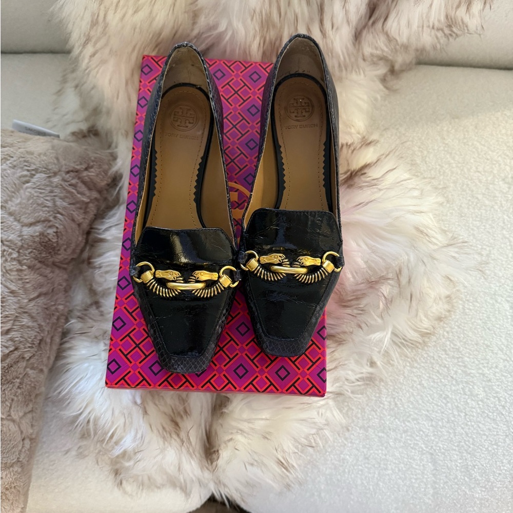 Tory Burch Black Patent Loafers with Gold Chain